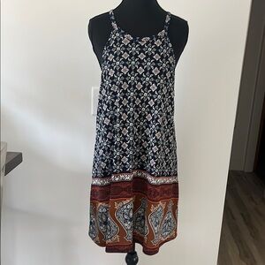 Exhilaration L Floral Sleeveless swing Dress - navy and oranges, ivory. summer